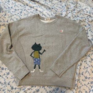 Upcycled gray Champion crewneck with frog smoking a cig patchwork